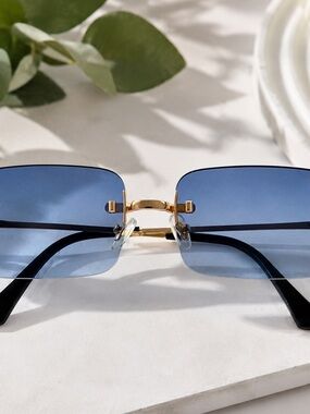 Blue Gradient Rimless Sunglasses with Gold Bridge
